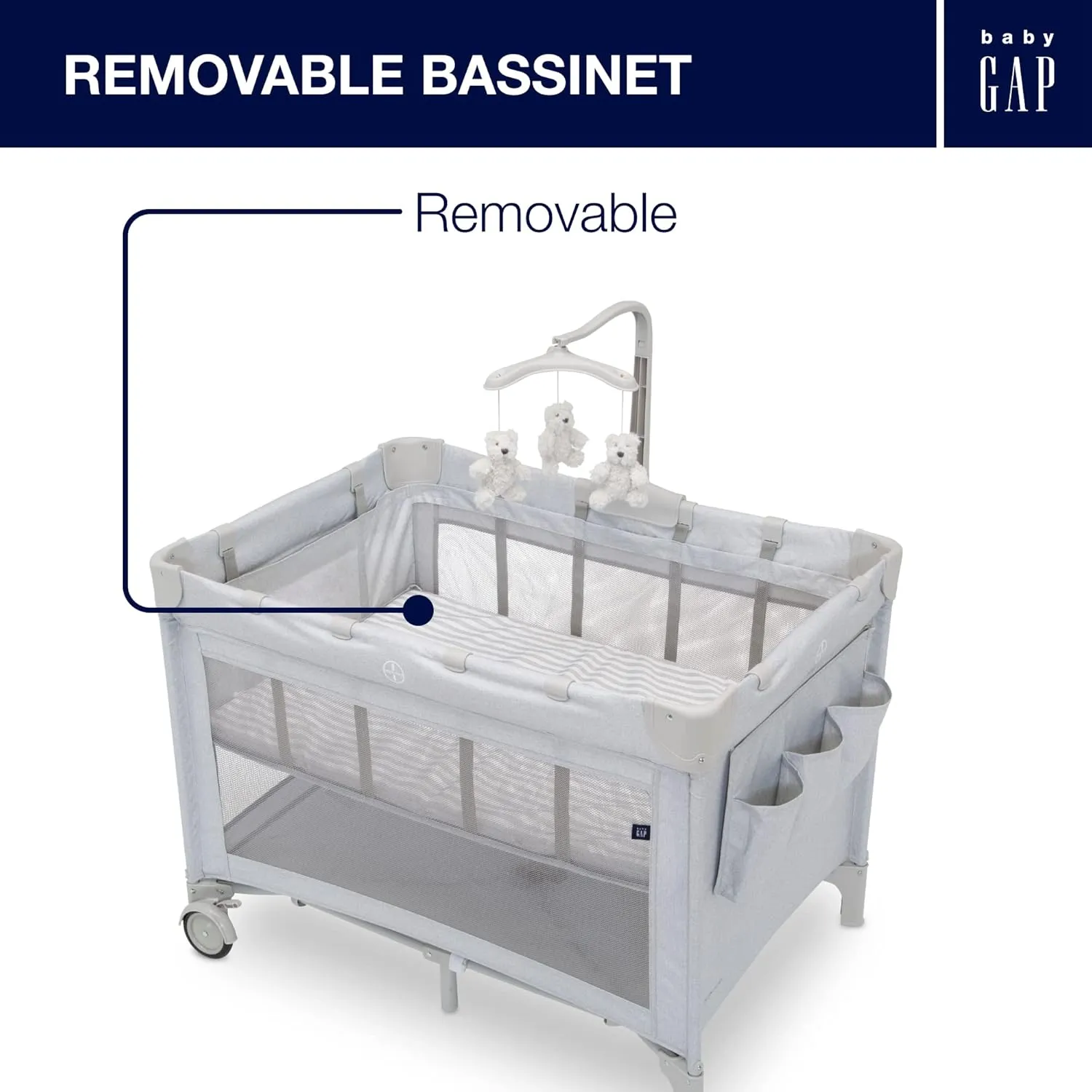 Delta Children Gap babyGap Whisper Bedside Bassinet Sleeper with Breathable Mesh and Adjustable & Gap babyGap Deluxe Play Yard, Grey Stripes