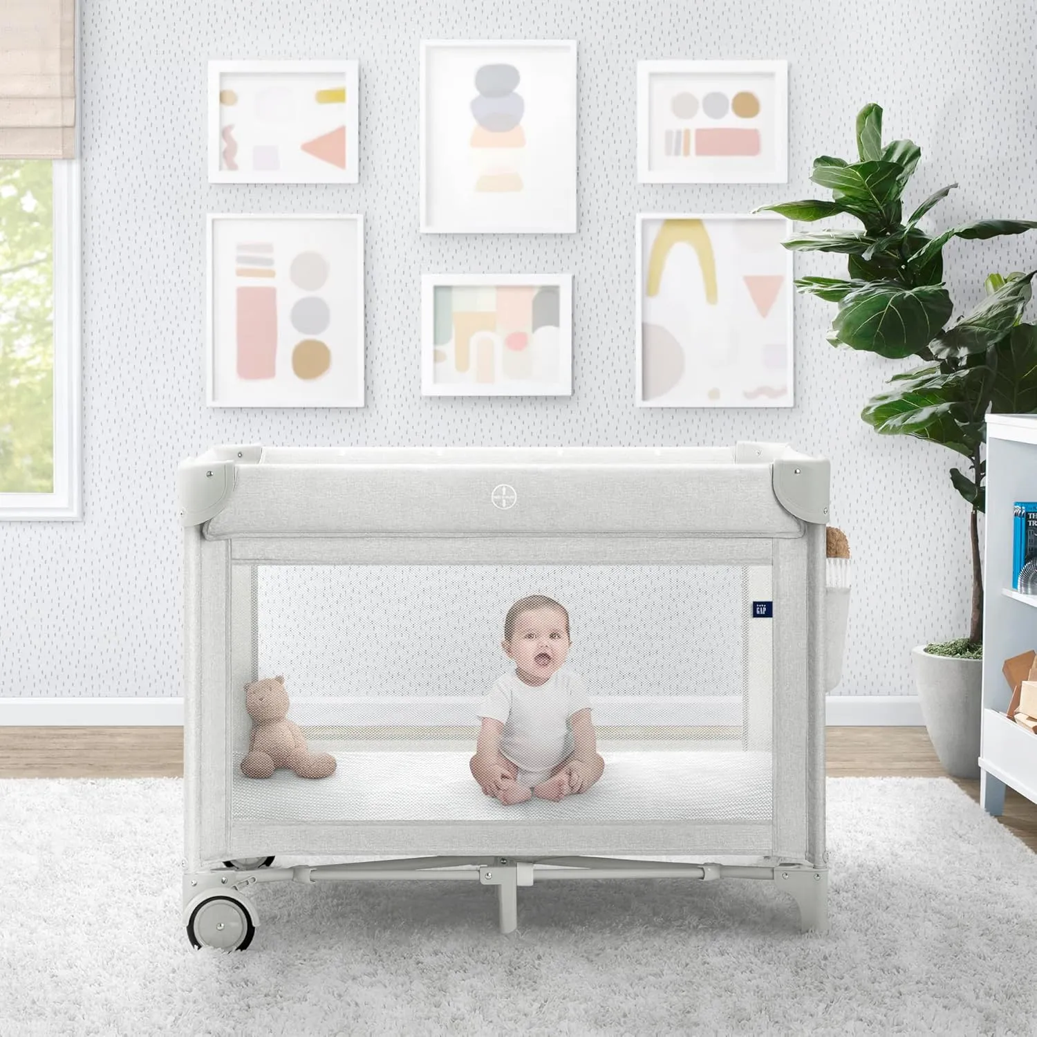 Delta Children Gap babyGap Whisper Bedside Bassinet Sleeper with Breathable Mesh and Adjustable & Gap babyGap Deluxe Play Yard, Grey Stripes