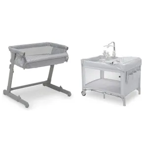 Delta Children Gap babyGap Whisper Bedside Bassinet Sleeper with Breathable Mesh and Adjustable & Gap babyGap Deluxe Play Yard, Grey Stripes