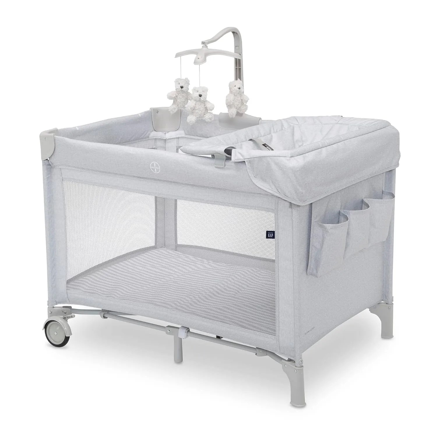 Delta Children Gap babyGap Whisper Bedside Bassinet Sleeper with Breathable Mesh and Adjustable & Gap babyGap Deluxe Play Yard, Grey Stripes