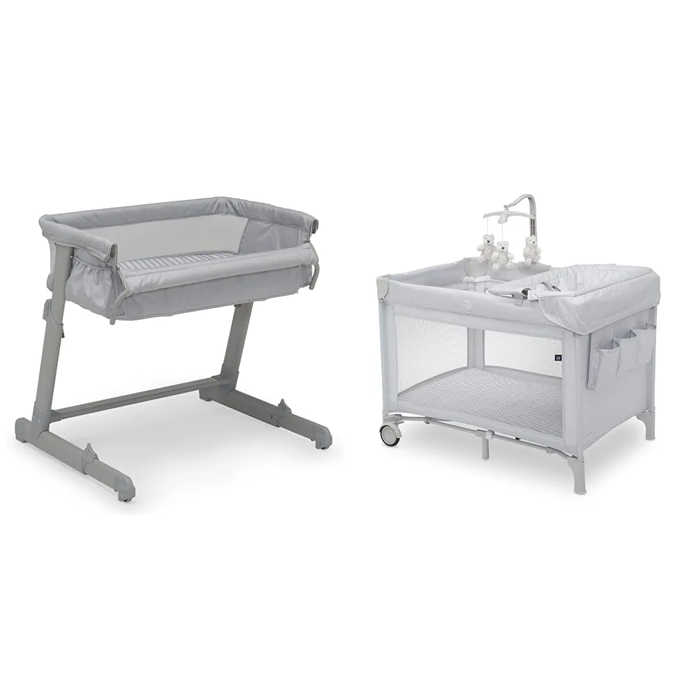 Delta Children Gap babyGap Whisper Bedside Bassinet Sleeper with Breathable Mesh and Adjustable & Gap babyGap Deluxe Play Yard, Grey Stripes