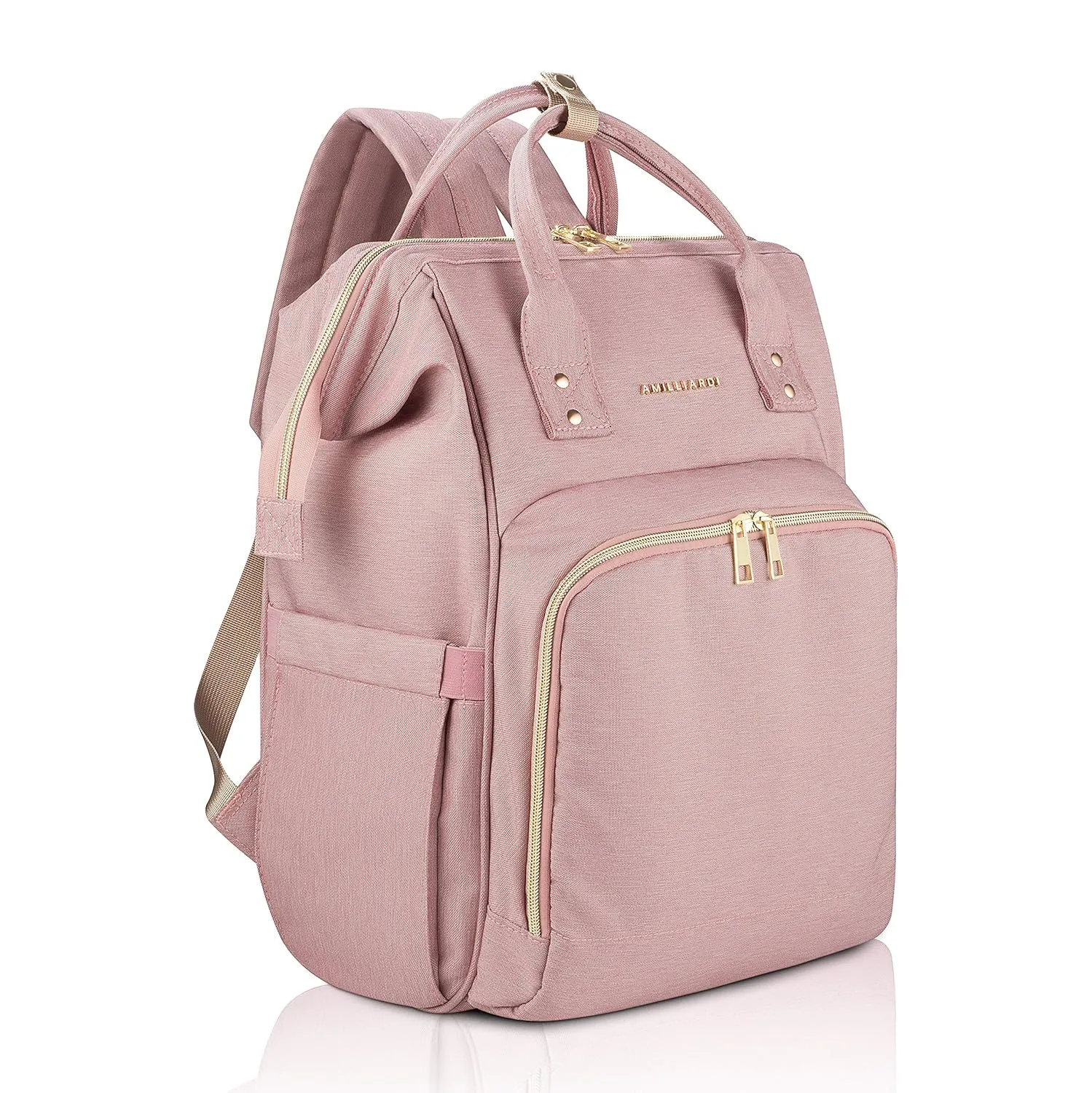 Diaper Bag Backpack with 6 INSULATED Bottle Holders – Light Pink, Water-Resistant Polyester Baby Bag – Detachable Stroller Straps – Stylish & Spacious for Baby Girl – Travel Diaper Bag