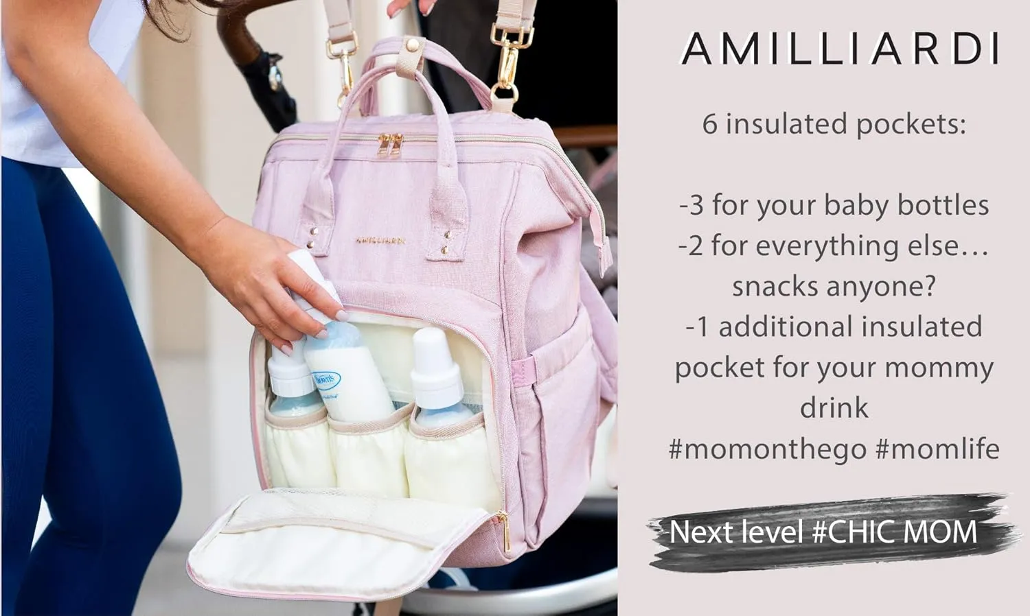 Diaper Bag Backpack with 6 INSULATED Bottle Holders – Light Pink, Water-Resistant Polyester Baby Bag – Detachable Stroller Straps – Stylish & Spacious for Baby Girl – Travel Diaper Bag