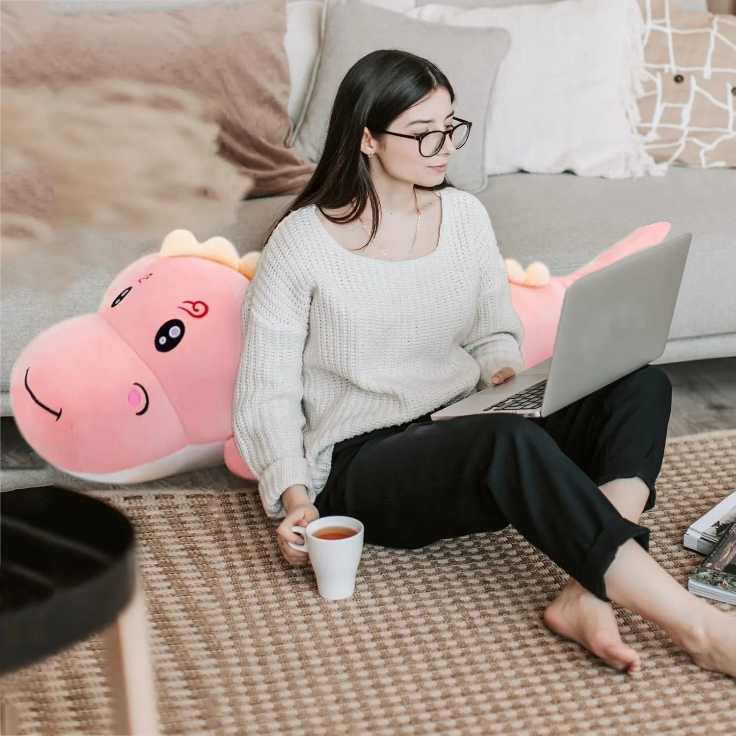 Dinosaur Plush Toy Pillow, Soft Lumbar Back Cushion Big Dinosaur Plushies Stuffed Toy Cute Pillows, Great Gift for Kids Birthday, Valentine (Pink,47.2in)