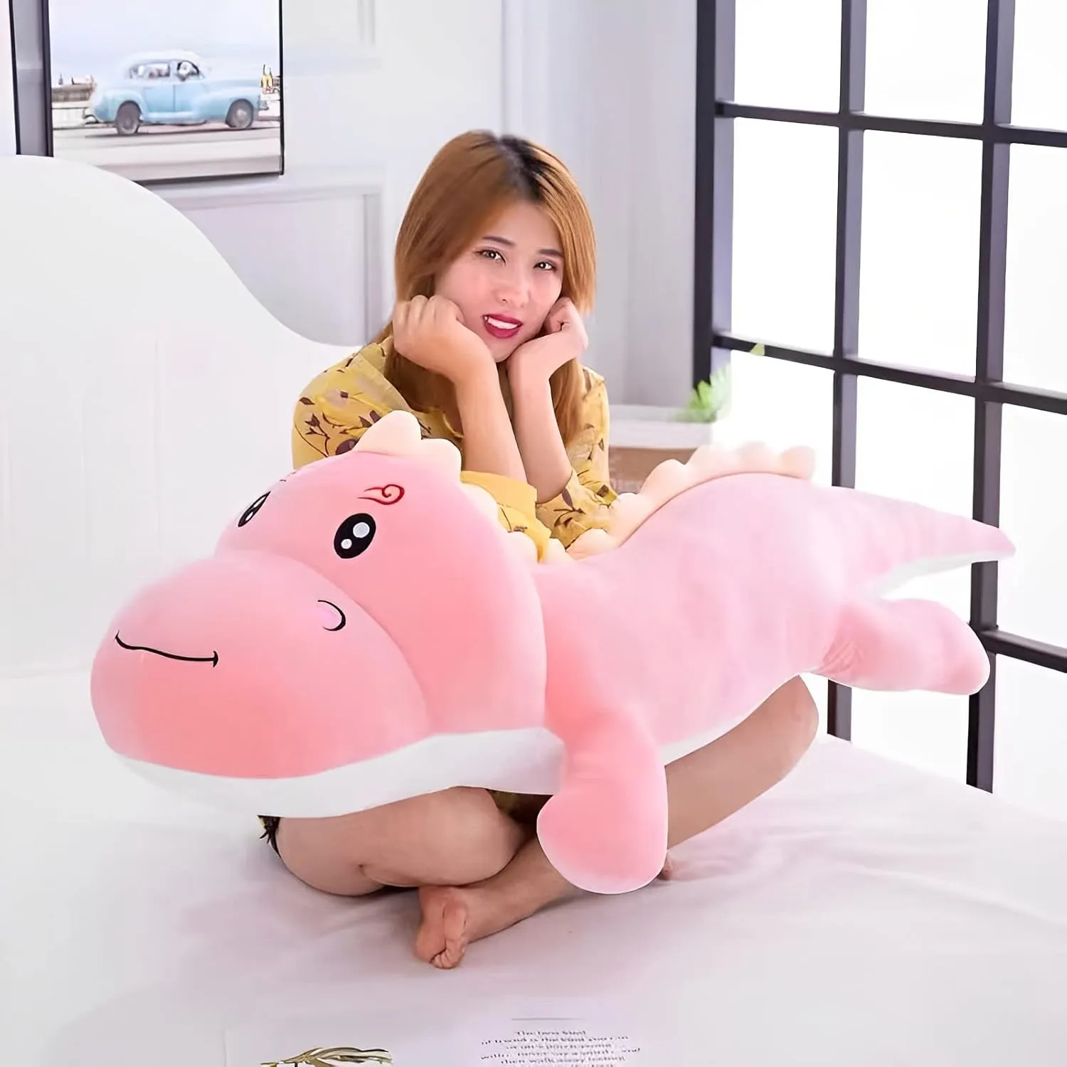 Dinosaur Plush Toy Pillow, Soft Lumbar Back Cushion Big Dinosaur Plushies Stuffed Toy Cute Pillows, Great Gift for Kids Birthday, Valentine (Pink,47.2in)
