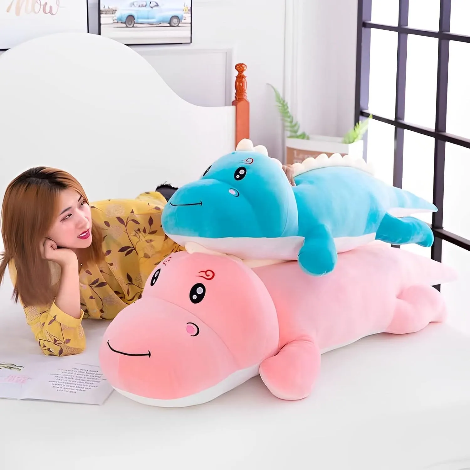 Dinosaur Plush Toy Pillow, Soft Lumbar Back Cushion Big Dinosaur Plushies Stuffed Toy Cute Pillows, Great Gift for Kids Birthday, Valentine (Pink,47.2in)