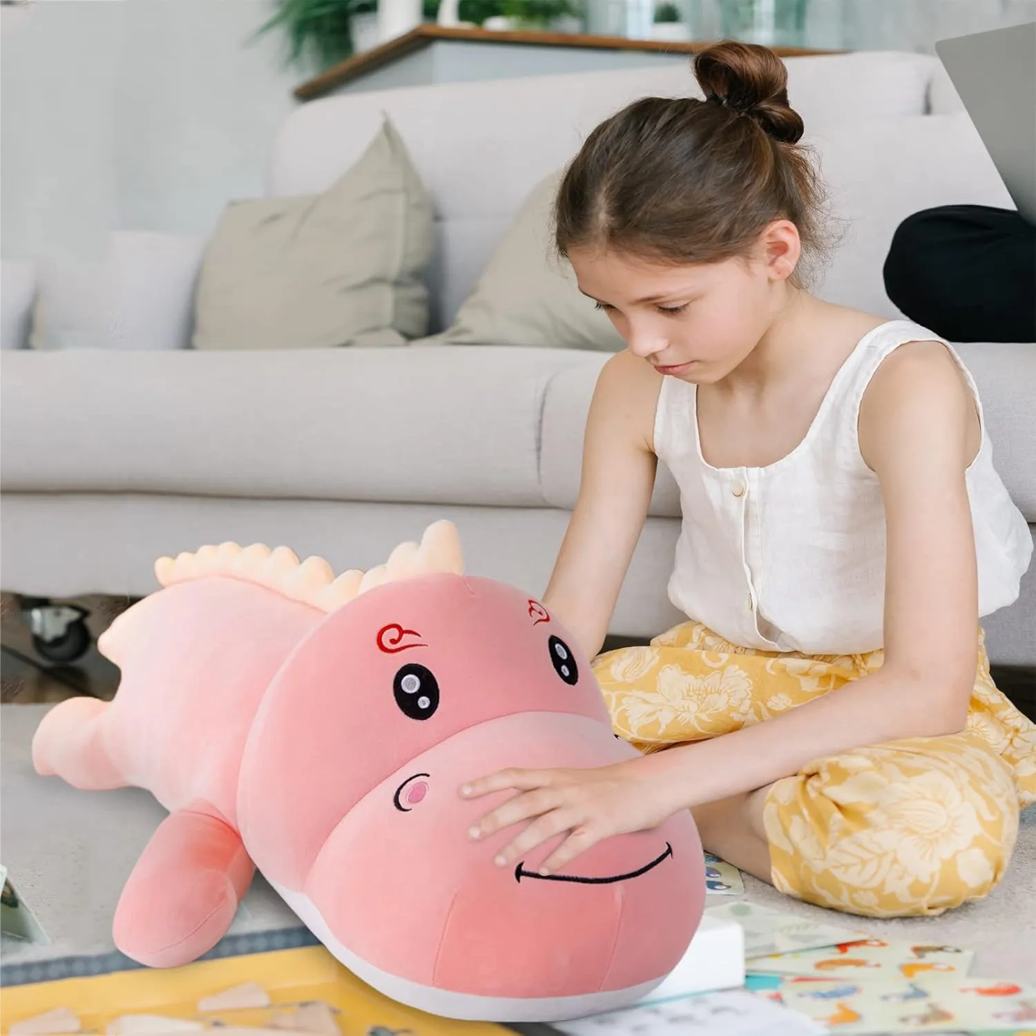 Dinosaur Plush Toy Pillow, Soft Lumbar Back Cushion Big Dinosaur Plushies Stuffed Toy Cute Pillows, Great Gift for Kids Birthday, Valentine (Pink,47.2in)