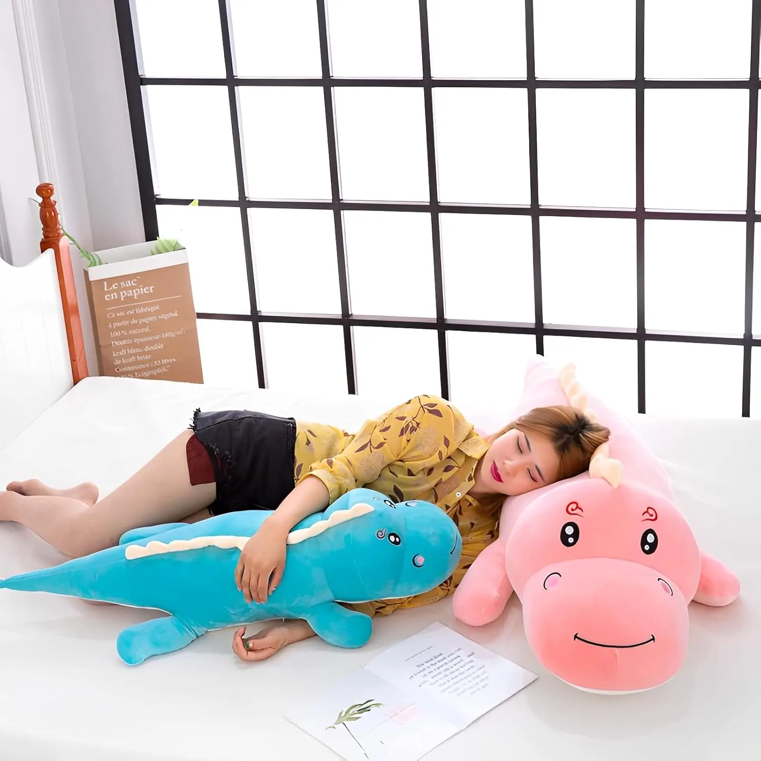 Dinosaur Plush Toy Pillow, Soft Lumbar Back Cushion Big Dinosaur Plushies Stuffed Toy Cute Pillows, Great Gift for Kids Birthday, Valentine (Pink,47.2in)