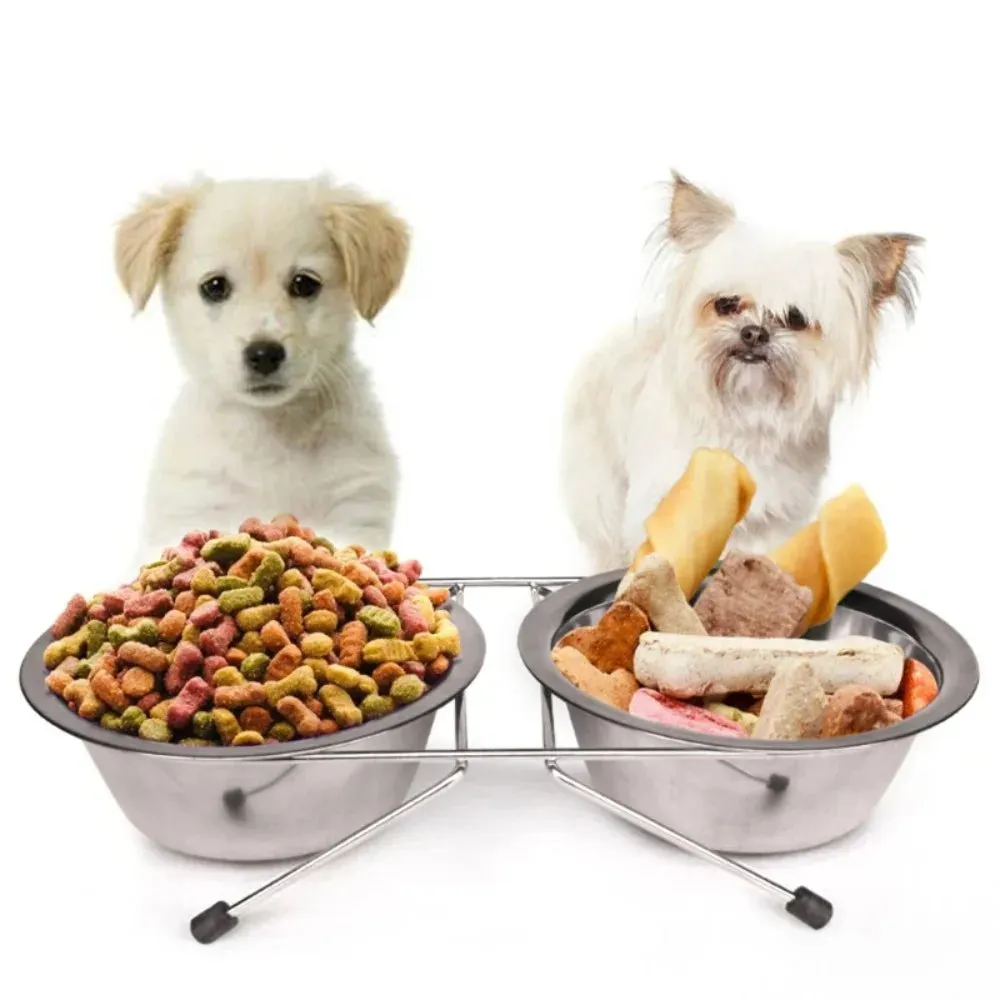 Dog Cat Bowl Stainless Steel Pet Dogs Cat Double Bowls Durable Iron Stand Food Water Dishes Anti Slip Puppy Feeder Pet Supplies