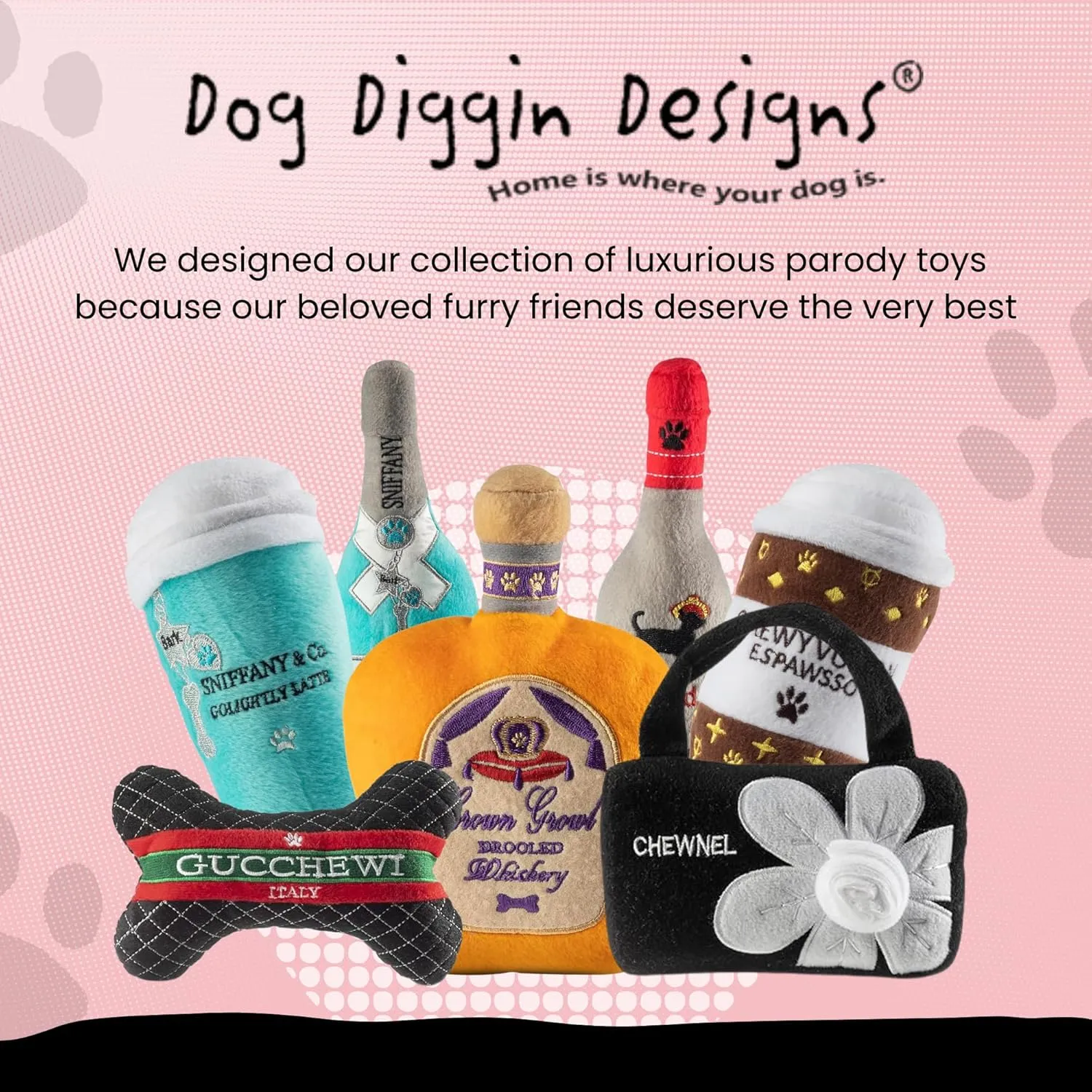 Dog Diggin Designs Runway Pup Collection | Unique Squeaky Parody Plush Dog Toys – Haute Couture Purses & Handbags