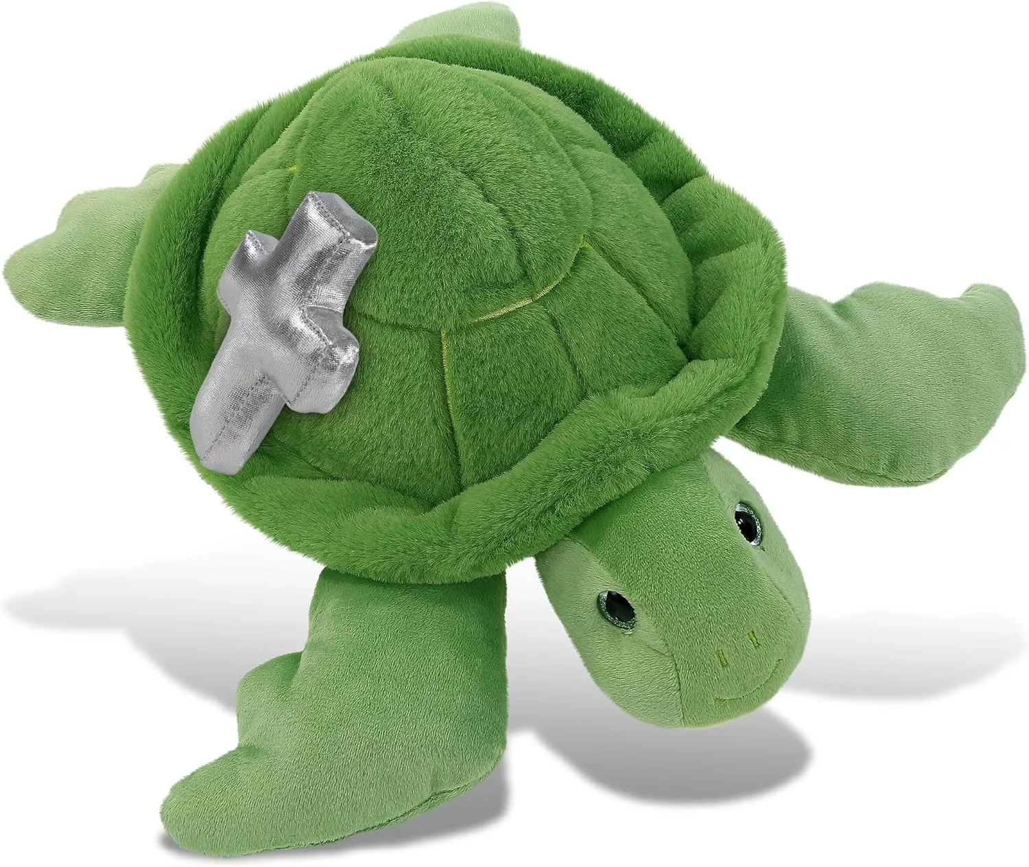 DolliBu Green Sea Turtle Stuffed Animal with Silver Cross and Personalization - Baptism Gifts for Boys and Girls, Dedication Christening Gift Plush Prayer Toy Healing Teddy Bear - 13 Inches