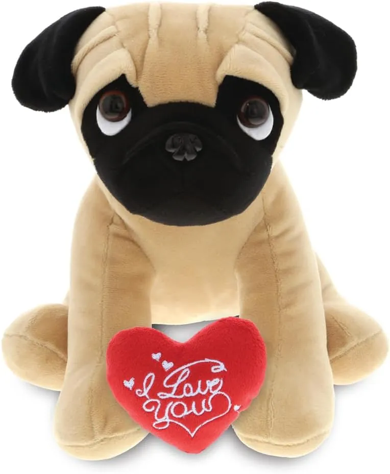 DolliBu I Love You Valentine Plush Big Eye Pug Dog - Cute Stuffed Animal Gift for Valentines Day, Birthday, Anniversary, Romantic Date - 8 Inches