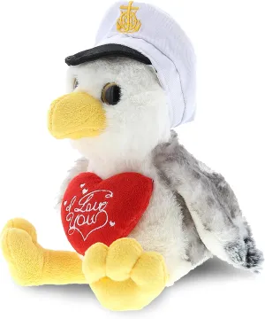 DolliBu I Love You Valentine Plush Big Eyes Seagull Sailor - Cute Stuffed Animal with Red Heart and Name Personalization Gift for Valentines Day, Birthday, Anniversary, Romantic Date - 7.5 Inches