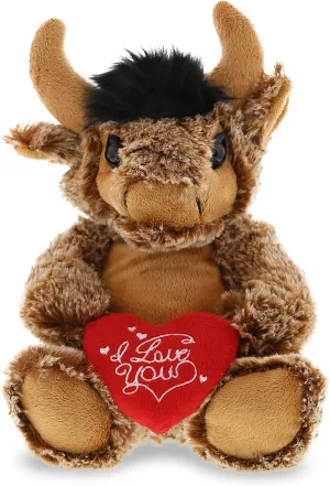DolliBu I Love You Valentine Plush Sitting Buffalo - Cute Stuffed Animal with Red Heart and Name Personalization Gift for Valentine's Day, Birthday, Anniversary - 6 Inches