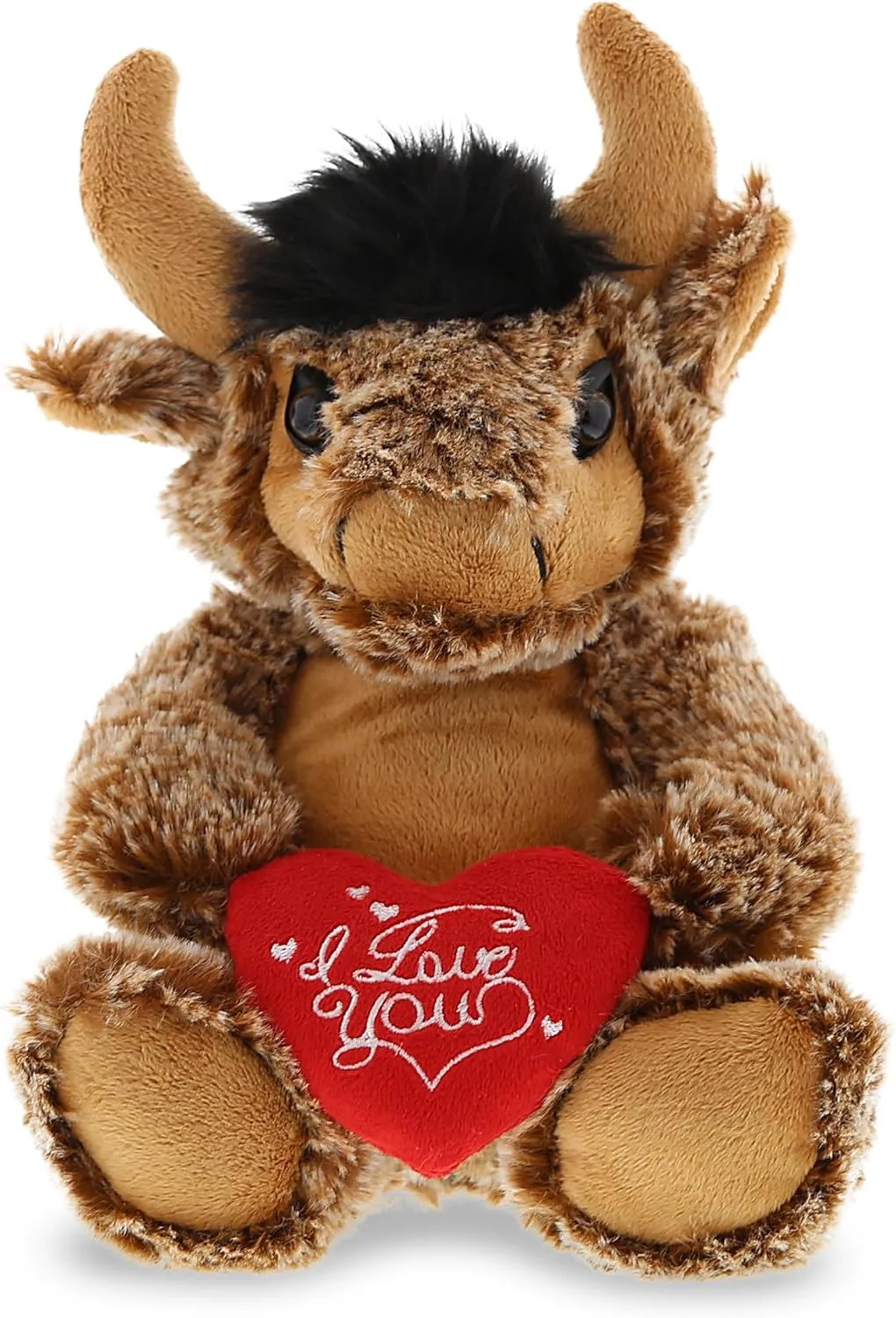 DolliBu I Love You Valentine Plush Sitting Buffalo - Cute Stuffed Animal with Red Heart and Name Personalization Gift for Valentine's Day, Birthday, Anniversary - 6 Inches