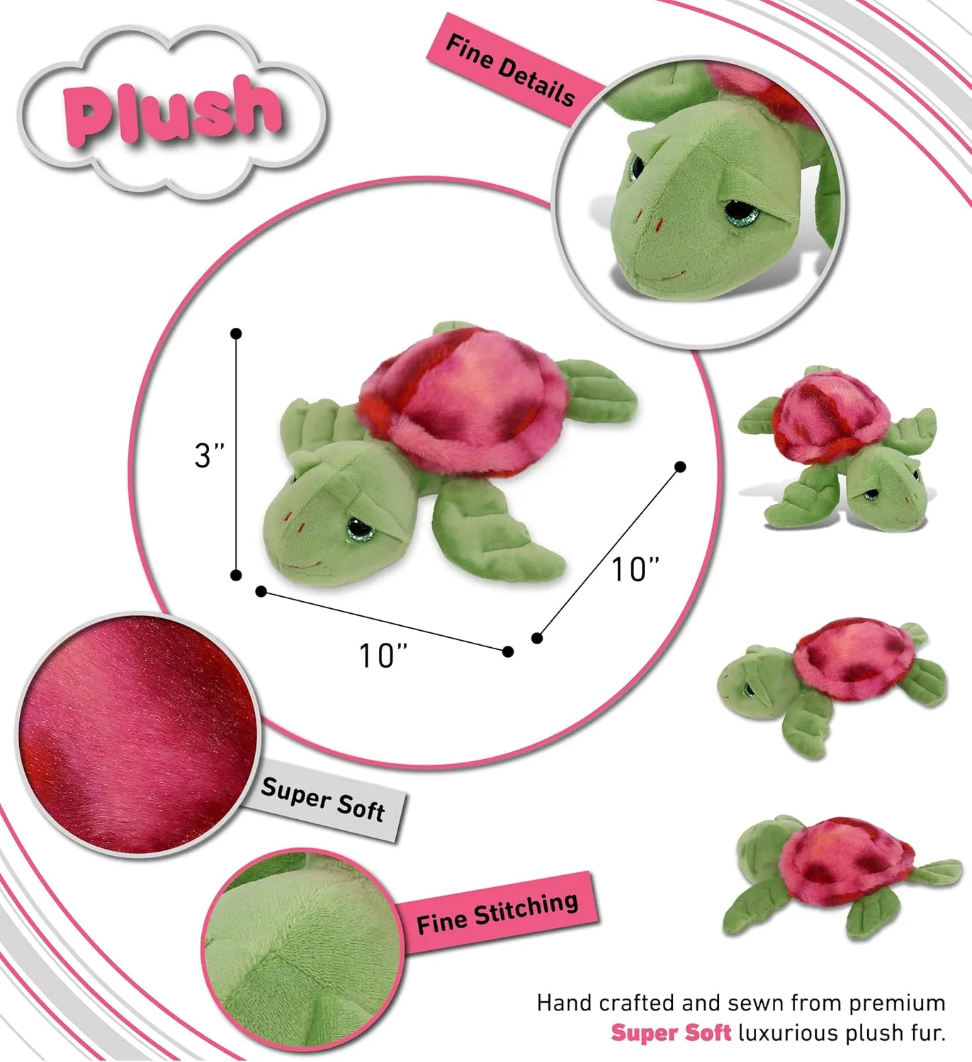 DolliBu Pink Tie-Dye Green Sea Turtle Super Soft Stuffed Animal, Cute Realistic Stuffed Animals for Girls, Boys, Adults Animal Gifts, Kids Nursery Decor for Newborn, Cuddly Soft Plush Toys - 10 Inches