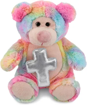 DolliBu Rainbow Bear Stuffed Animal with Silver Cross and Personalization - Religious Baptism Gifts for Boys and Girls, Dedication Christening Gifts Plush Prayer Toy Healing Teddy Bear - 9 Inch