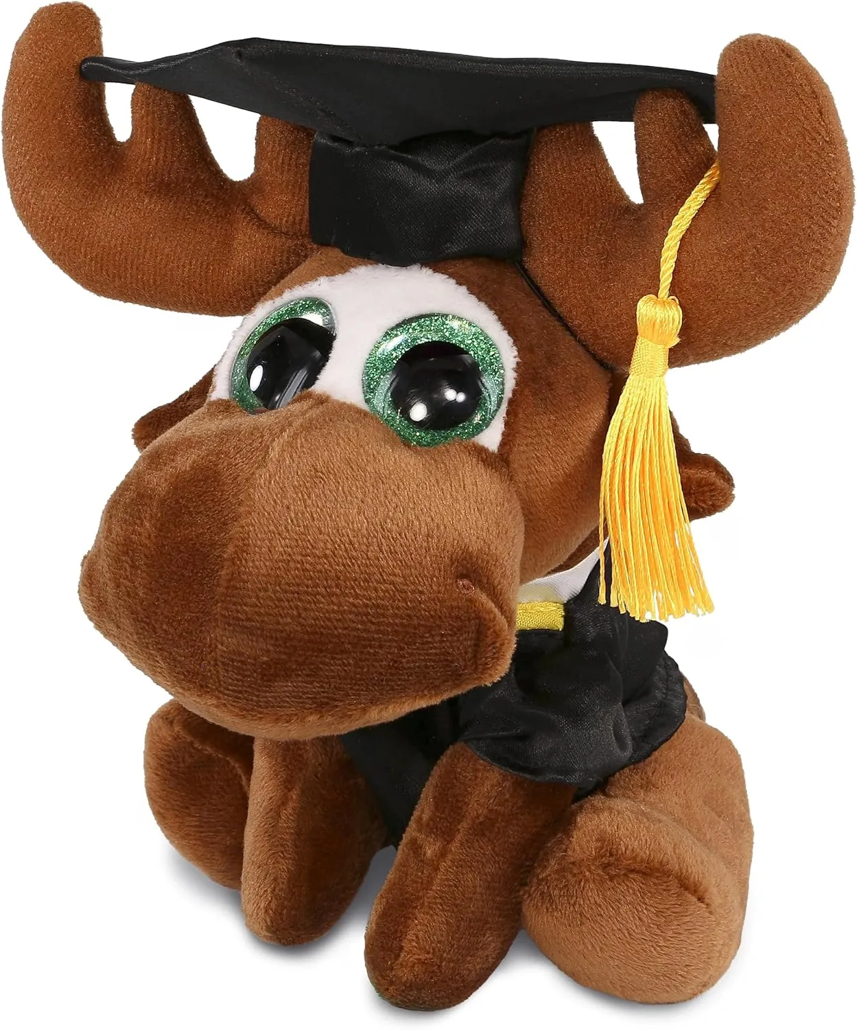 DolliBu Sparkle Eyes Moose Graduation Plush Toy - Super Soft Graduation Stuffed Animal Dress Up Gown and Cap with Tassel Outfit with Personalization - 6 Inches