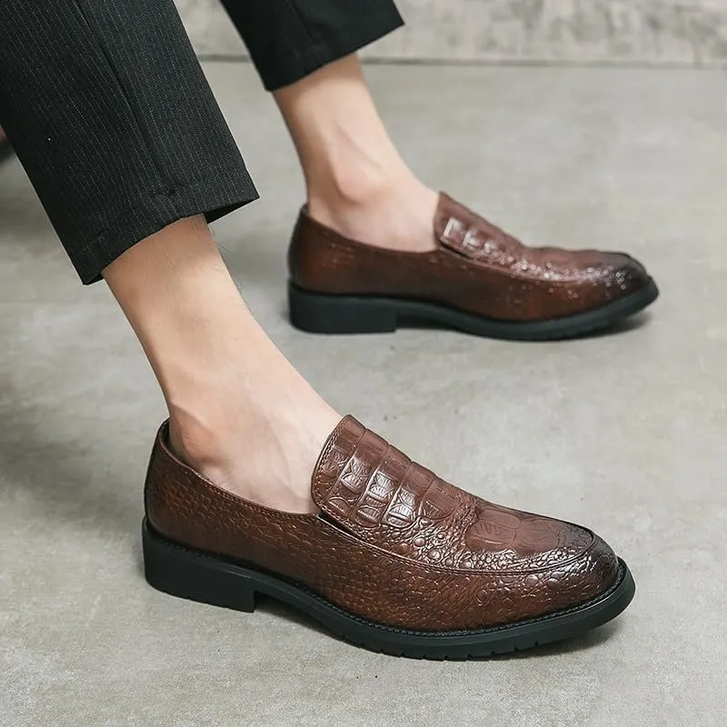 Dress Shoes for Men Slip On Round Burnished Toe Crocodile Print Apron Toe Rubber Sole Non Slip Block Heel Walking