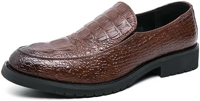 Dress Shoes for Men Slip On Round Burnished Toe Crocodile Print Apron Toe Rubber Sole Non Slip Block Heel Walking
