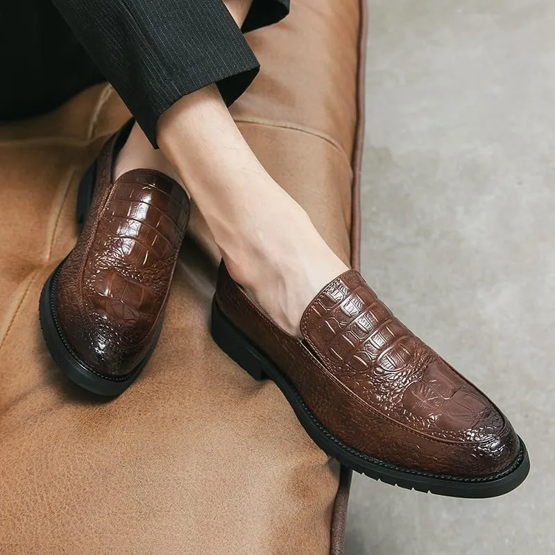 Dress Shoes for Men Slip On Round Burnished Toe Crocodile Print Apron Toe Rubber Sole Non Slip Block Heel Walking