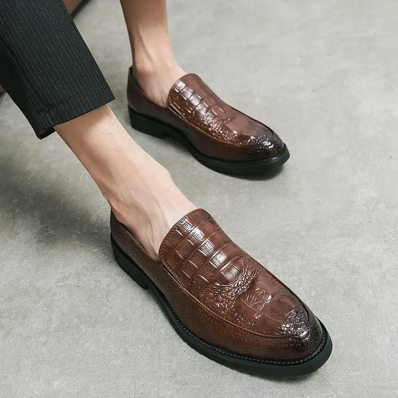 Dress Shoes for Men Slip On Round Burnished Toe Crocodile Print Apron Toe Rubber Sole Non Slip Block Heel Walking
