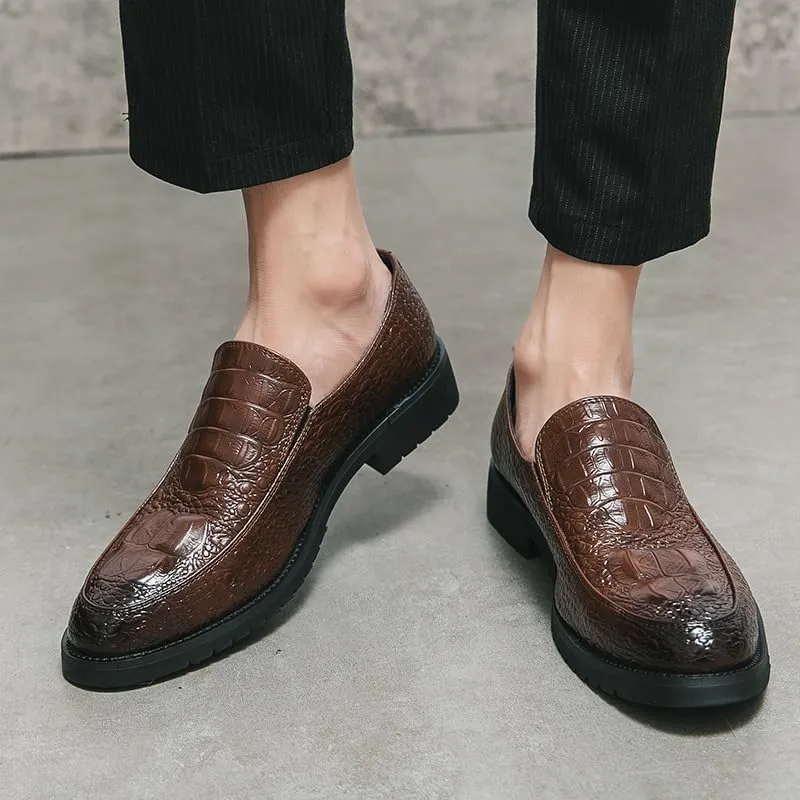 Dress Shoes for Men Slip On Round Burnished Toe Crocodile Print Apron Toe Rubber Sole Non Slip Block Heel Walking