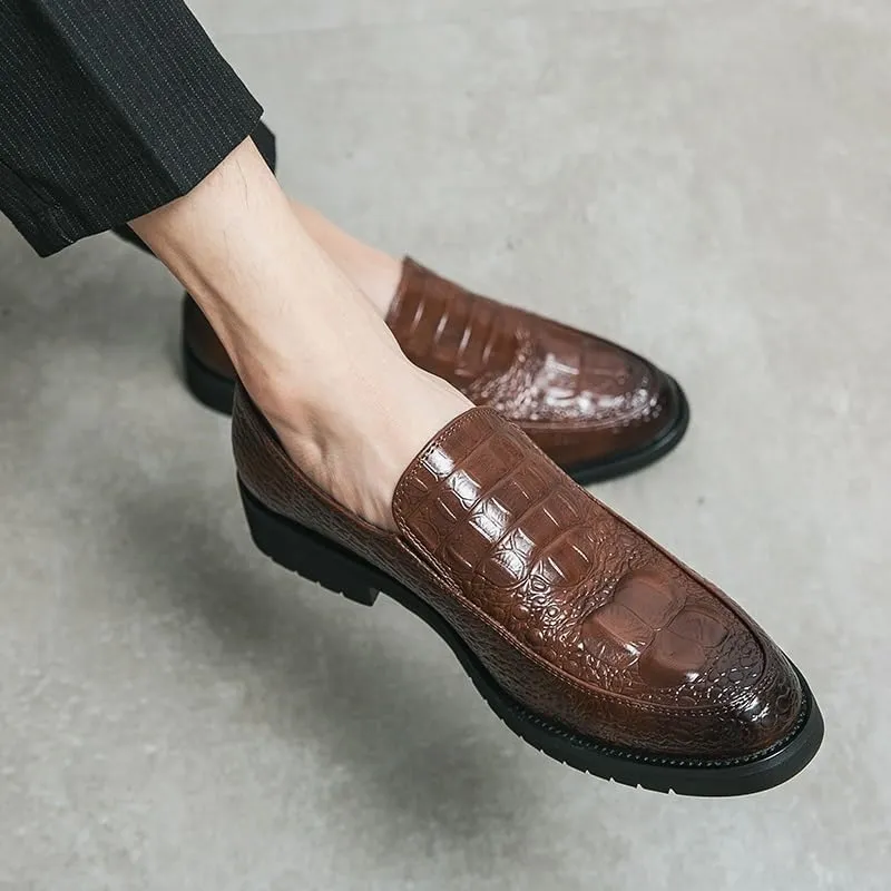Dress Shoes for Men Slip On Round Burnished Toe Crocodile Print Apron Toe Rubber Sole Non Slip Block Heel Walking