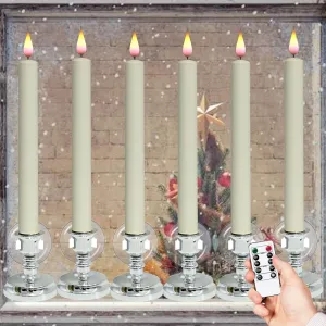 DRomance Christmas Flameless Window Taper Candles with 10-Key Remote and Timer, Battery Operated Real Flame Effect Realistic 3D Wick, 6 Pack Silver Holders and Suction Cups Included