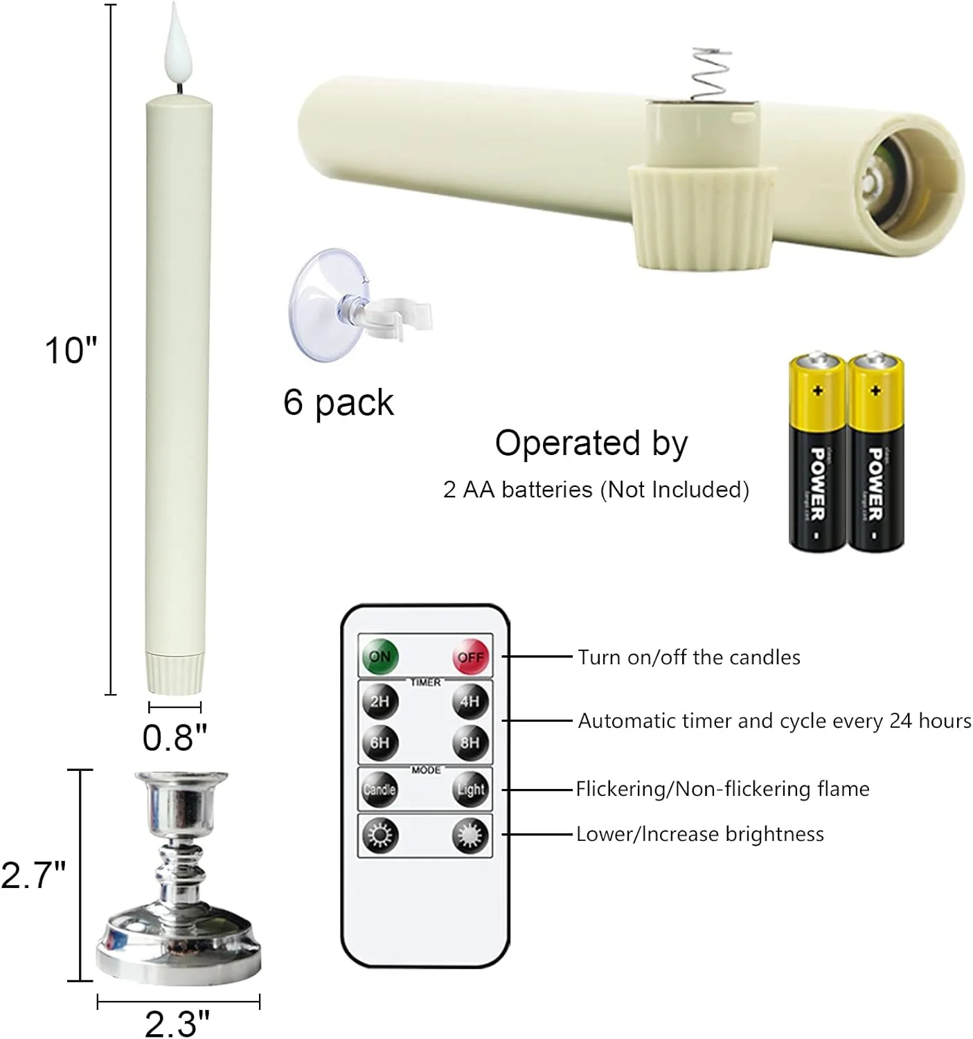 DRomance Christmas Flameless Window Taper Candles with 10-Key Remote and Timer, Battery Operated Real Flame Effect Realistic 3D Wick, 6 Pack Silver Holders and Suction Cups Included