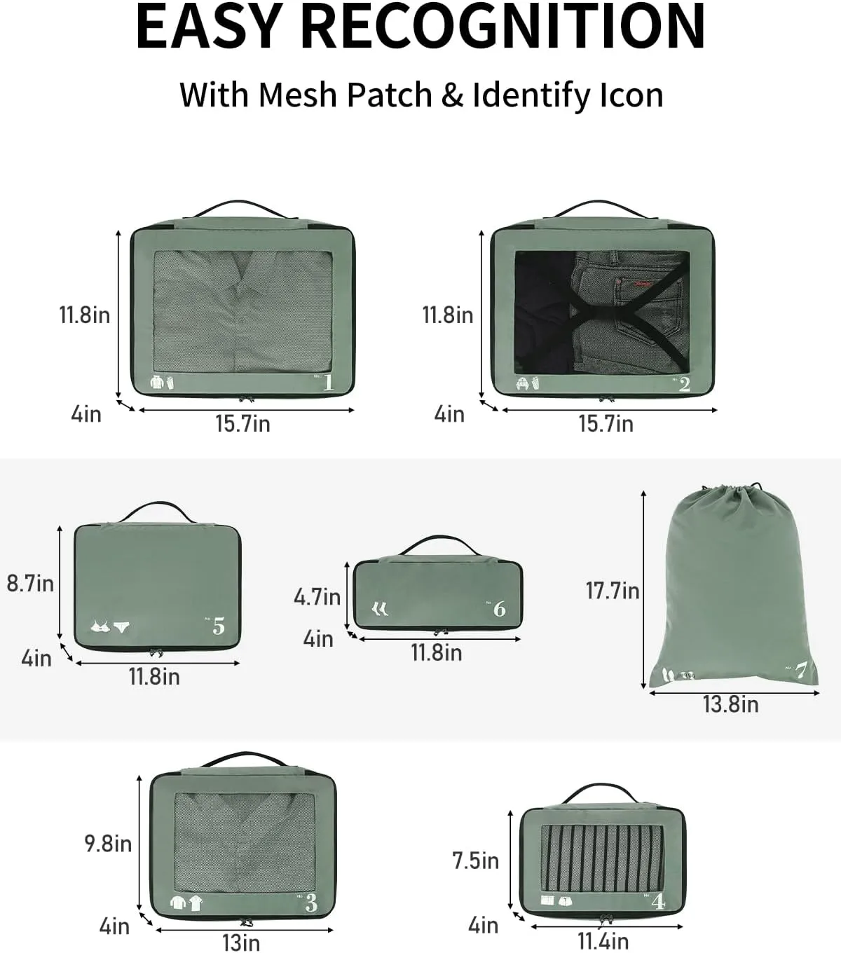 ECOHUB 7 Set Packing Cubes Tear-Resistant Luggage Packing Organizers with Number Icon for Travel Accessories Luggage Suitcase Machine Washable Packing Cubes (Green)