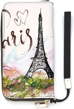 Eiffel Tower Paris Women’s Wallet Zippered Long Clutch Purse Leather Handbag with Wristlet Strap