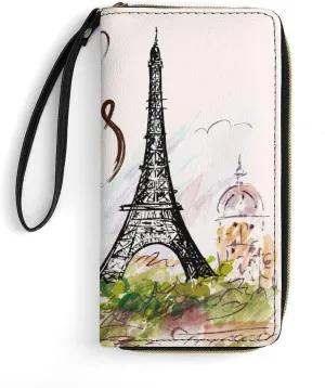 Eiffel Tower Paris Women’s Wallet Zippered Long Clutch Purse Leather Handbag with Wristlet Strap
