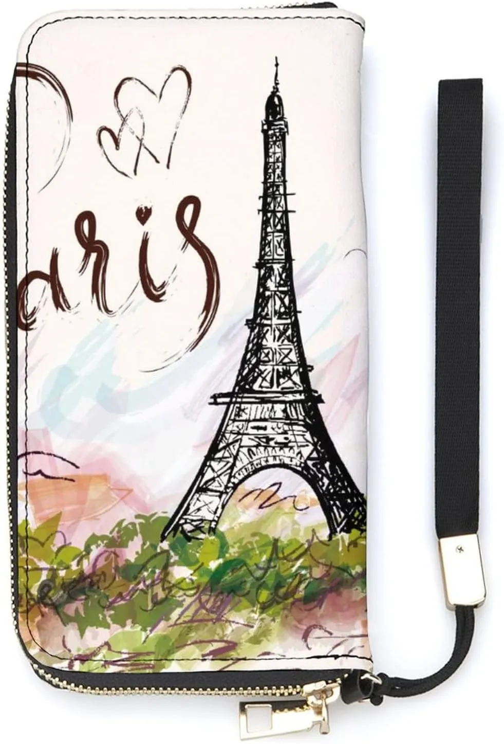 Eiffel Tower Paris Women’s Wallet Zippered Long Clutch Purse Leather Handbag with Wristlet Strap
