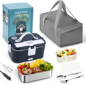Electric Lunch Box 80W Portable Food Heater, 3-in-1 12V/24V/110V Leak Proof with 1.8L 304 Stainless Steel Container, fork,Spoon and Insulated Handbag,for Car Truck Home Office