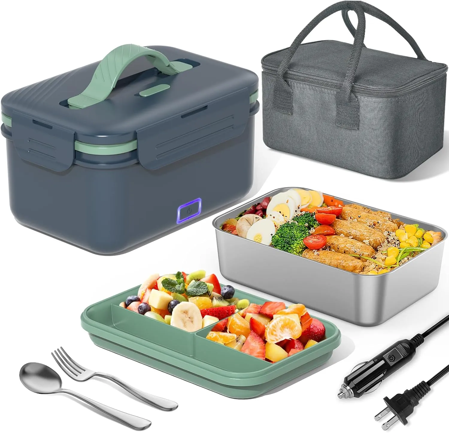 Electric Lunch Box Food Heater 100W, 4 in 1 Ultra Quick Heated Lunch Boxes for Adults 12V/24V/110V/220V Portable Food Warmer for Car/Truck/Office With Fork Spoon and Insulated Carry Bag
