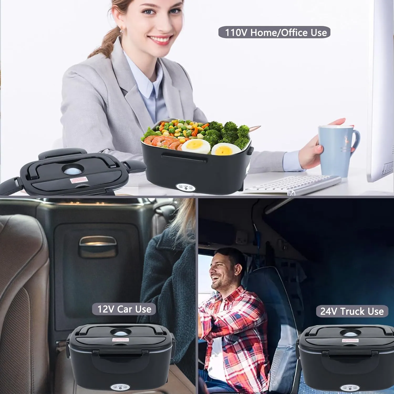 Electric Lunch Box Food Heater, 2 in 1 Heated Lunch Box for Car Truck Home Work Adults Food Heating, Leak Proof, 1.5L Removable Stainless Steel Container, 110V/12V/24V 80W