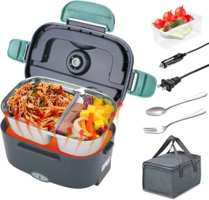 Electric Lunch Box Food Heater with 2 Compartments 70W Leakproof Portable Food Warmer Lunch Box for Adults Car Truck Work, 12/24V&110V Self Heating Lunch Box with 1.5L Removable Container