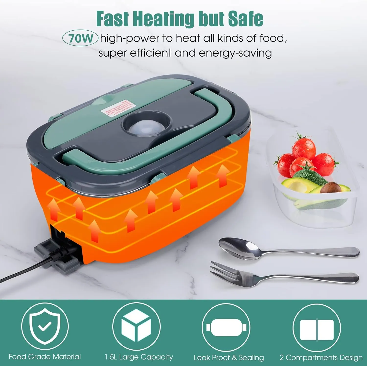 Electric Lunch Box Food Heater with 2 Compartments 70W Leakproof Portable Food Warmer Lunch Box for Adults Car Truck Work, 12/24V&110V Self Heating Lunch Box with 1.5L Removable Container