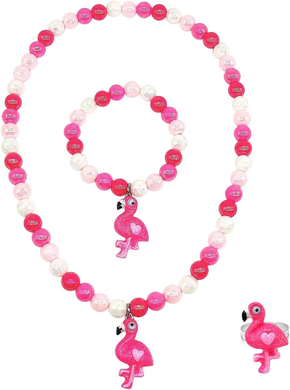 Elesa Miracle Little Girl Plush Purse Handbag Kids Necklace Pretend Play Toy Playset Jewelry Crossbody Purse for Children Toddler Baby Girls, Flamingo