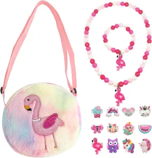 Elesa Miracle Little Girl Plush Purse Handbag Kids Necklace Pretend Play Toy Playset Jewelry Crossbody Purse for Children Toddler Baby Girls, Flamingo