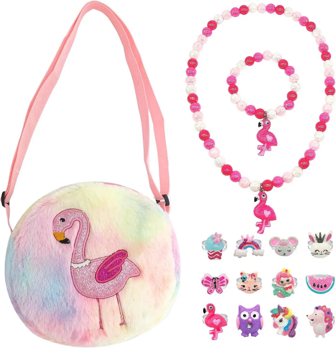 Elesa Miracle Little Girl Plush Purse Handbag Kids Necklace Pretend Play Toy Playset Jewelry Crossbody Purse for Children Toddler Baby Girls, Flamingo
