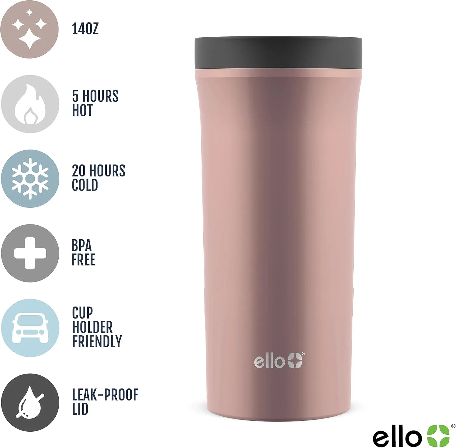 Ello Arabica 14oz Vacuum Insulated Stainless Steel Powder Coat Coffee Travel Mug with Leak-Proof Slider Lid, Keeps Hot for 5 Hours, Perfect for Coffee or Tea, BPA-Free Tumbler