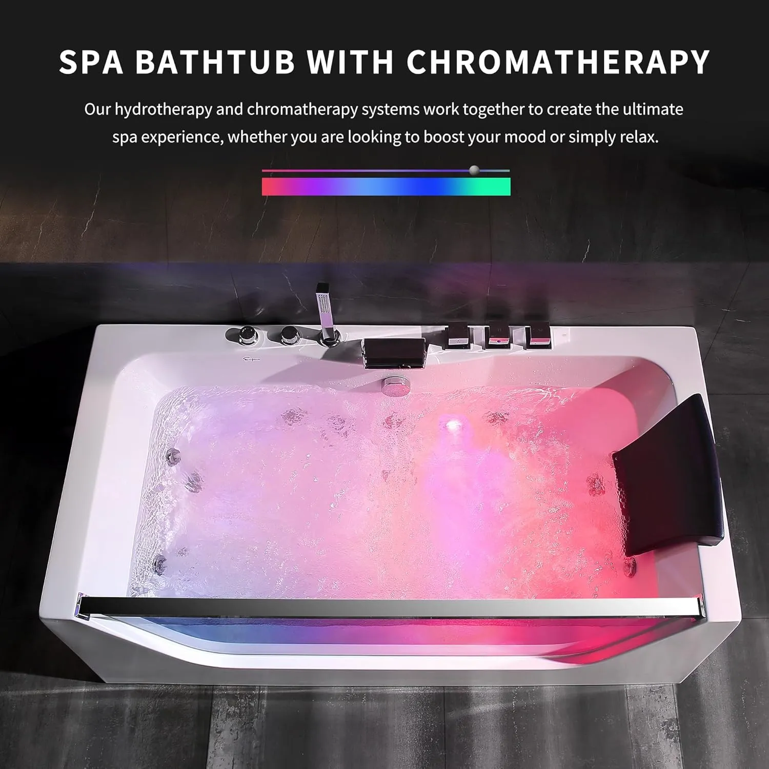 Empava 59" Acrylic Alcove Whirlpool Bathtub - 11 Jets Hydromassage with Chromatherapy, 750W, 58 Gallons, 3-Side Apron, Waterfall Faucet & ETL Certified