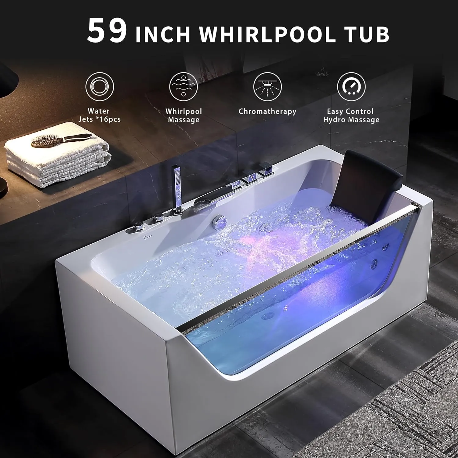 Empava 59" Acrylic Alcove Whirlpool Bathtub - 11 Jets Hydromassage with Chromatherapy, 750W, 58 Gallons, 3-Side Apron, Waterfall Faucet & ETL Certified