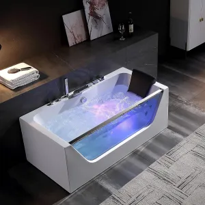 Empava 59" Acrylic Alcove Whirlpool Bathtub - 11 Jets Hydromassage with Chromatherapy, 750W, 58 Gallons, 3-Side Apron, Waterfall Faucet & ETL Certified