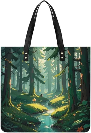 Enchanted Wilderness Fantasy on Dark Green Leather Handbags Crossbody Bags for Women Trendy Vegan Purses Shoulder Handbags with Wide Shoulder Strap And Zipper