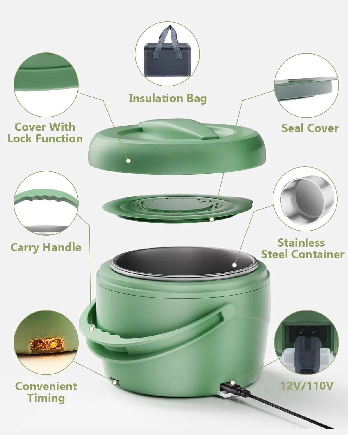 esemoil Electric Lunch Box, 3 in 1 12V/24V/110V Heated Lunch Boxes for Adults, 80W Portable Food Warmer for Car/Truck/Office With Fork Spoon, Timer and Insulated Carry Bag (0.5L)