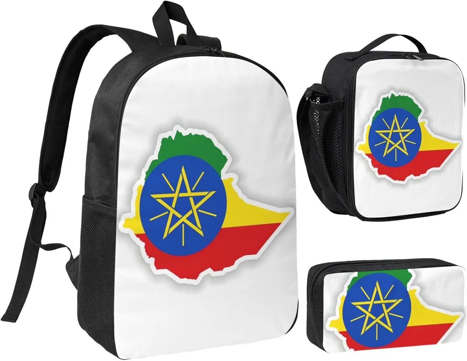 Ethiopia Flag Map print 3PCS Backpack for Men Women Aesthetic 17 Inches Bookbag with Lunch Box Pencil Bag