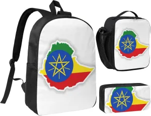 Ethiopia Flag Map print 3PCS Backpack for Men Women Aesthetic 17 Inches Bookbag with Lunch Box Pencil Bag